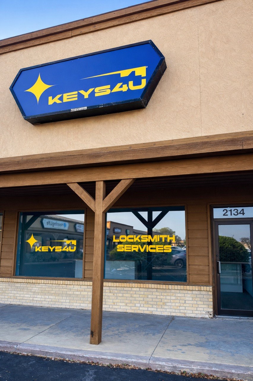 The Keys4U Locksmith storefront at 2134 45th St in Highland, Indiana, with the lit KEYS4U sign above the window