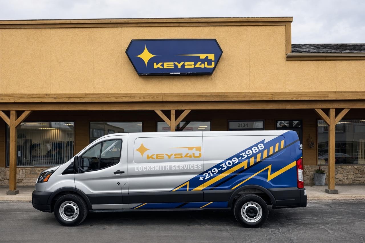 The marked Keys4U Locksmith van parked in front of the Highland storefront, with the phone number on the side