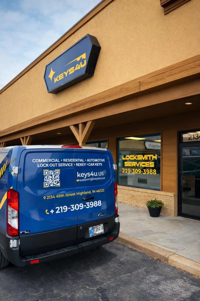 Mobile Service Van in Front of Keys4U Locksmith Shop in Highland Indiana
