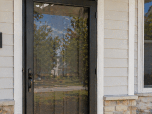 Black storm door at a residential entryway