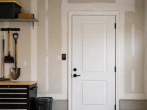 White side entry door inside a residential garage